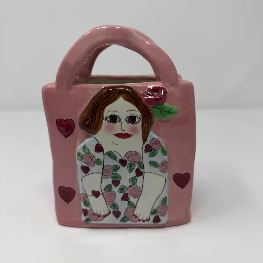 Vintage Bella Casa Pamela Purse Vase‎ Susan Paley Ganz Pink Heart Girl Plantar